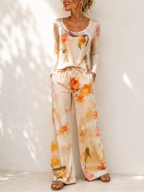 Gianfranco Ferre Other - Vintage FERRE Floral Lounge Set 44 | Watercolor Print Top & Wide Leg Pants